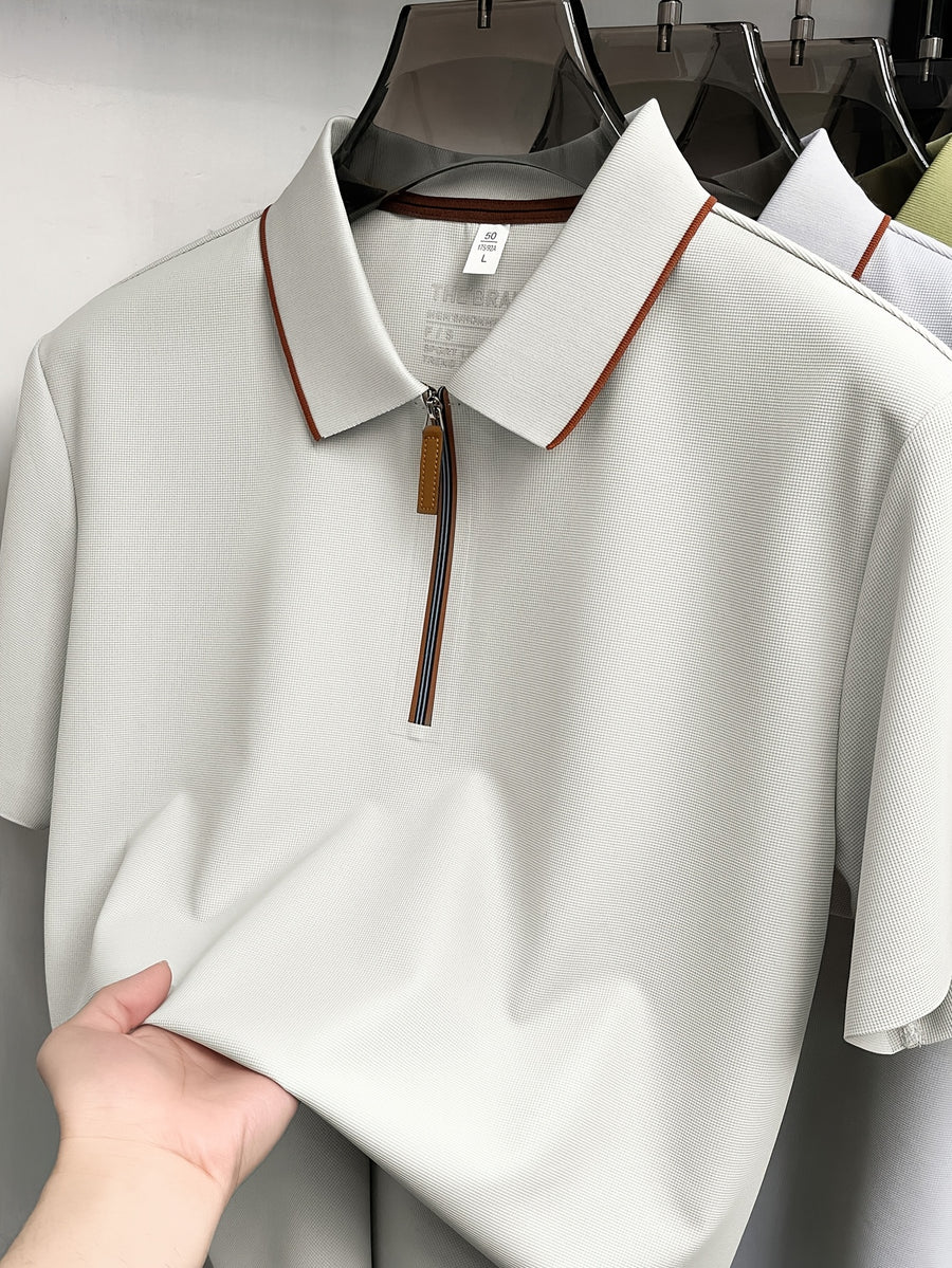 Men'S Zip-Up Polo Shirt, Summer Business Casual Contrast Collar Short Sleeve T-Shirt, Breathable Quick-Dry Commute Top, Men'S Athletic Polo Shirt, Summer Commute Men'S Clothing - Beige