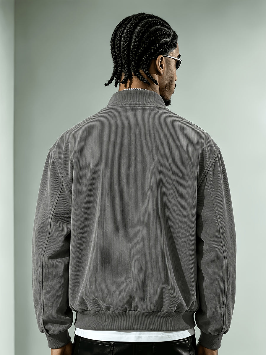 Men'S Corduroy Jacket, Autumn Winter Retro Stand Collar Long Sleeve Coat, Double Pocket Cow Head Print Cargo Casual Top, Loose All-Match Street Style Men'S Jacket - Dark Gray