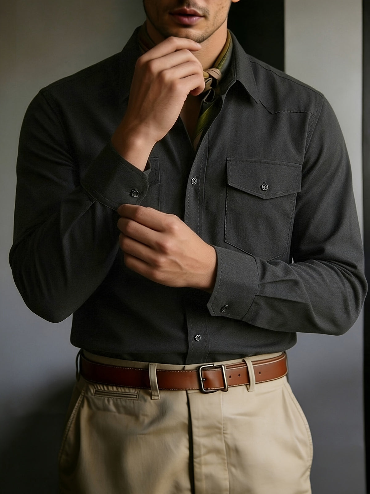 Men's Solid Color Button- Shirt with Double Pocket Collar - Machine Washable Long Sleeve Work Shirt Suitable for Business Casual, Commuting & Office Wear, Button-Front Collar Top for Spring/Autumn Layering (Adult Gift), father's day - Black