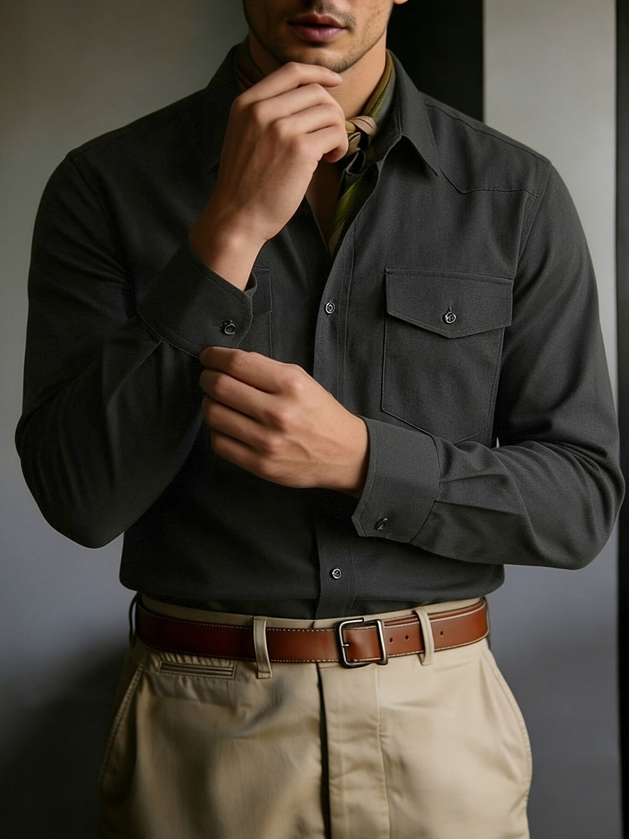Men's Solid Color Button- Shirt with Double Pocket Collar - Machine Washable Long Sleeve Work Shirt Suitable for Business Casual, Commuting & Office Wear, Button-Front Collar Top for Spring/Autumn Layering (Adult Gift), father's day - Black