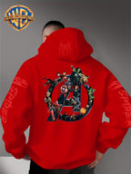Men'S Trendy Fall Hoodie, American Superhero Collection Print Hooded Sweatshirt, Unisex Loose Street Style Casual Top. Casual Daily Style with Drawstring Design, Long Sleeve Knit Sweater, Machine Washable, Perfect for Casual, Athletic - Red