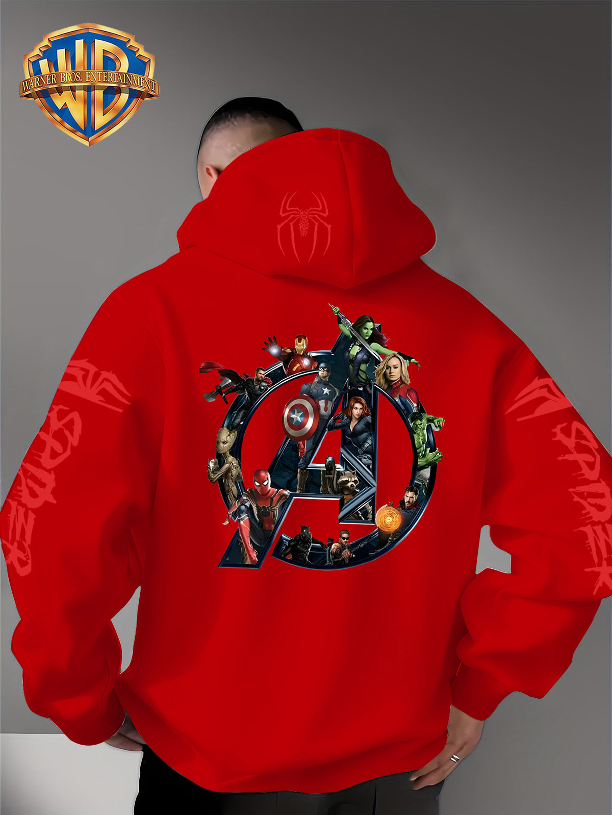 Men'S Trendy Fall Hoodie, American Superhero Collection Print Hooded Sweatshirt, Unisex Loose Street Style Casual Top. Casual Daily Style with Drawstring Design, Long Sleeve Knit Sweater, Machine Washable, Perfect for Casual, Athletic - Red