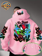 Le Yitong Flame Style Color-Block Graffiti Big Mouth Monster The Devil Print Hoodie, with Sleeve Print Design, Kangaroo Pouch And Drawstring Hood, Suitable for Autumn/Winter Casual Wear And Outdoor Activities - Pink Color