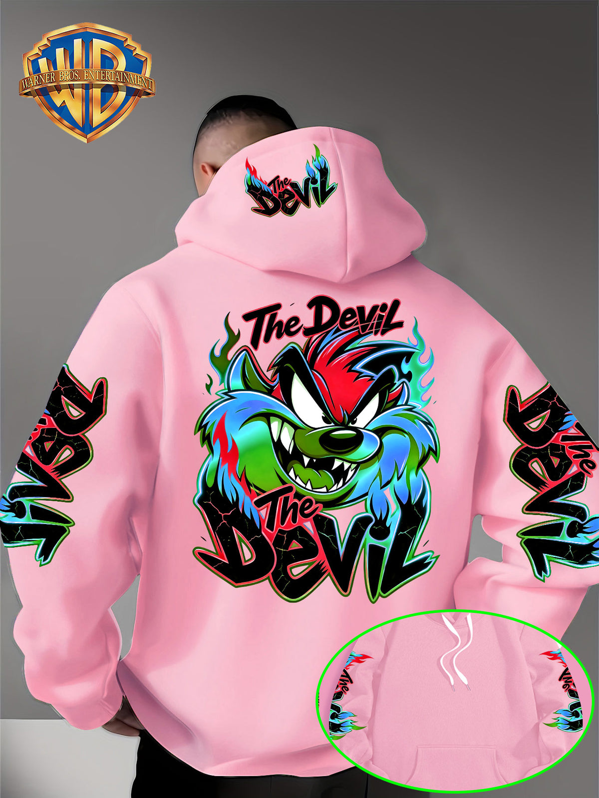 Le Yitong Flame Style Color-Block Graffiti Big Mouth Monster The Devil Print Hoodie, with Sleeve Print Design, Kangaroo Pouch And Drawstring Hood, Suitable for Autumn/Winter Casual Wear And Outdoor Activities - Pink Color