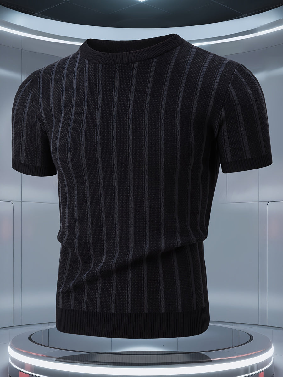 Men'S Knitted Short-Sleeved Sweater, Half-Sleeve Knit Shirt, Round Neck Sweater, Suitable for Autumn/Winter And Spring, Can Be Worn Alone Or As a Base Layer, Soft Fabric, Can Be Worn Close to The Body, Heavy-Duty Knitted Jacquard Pattern - Black