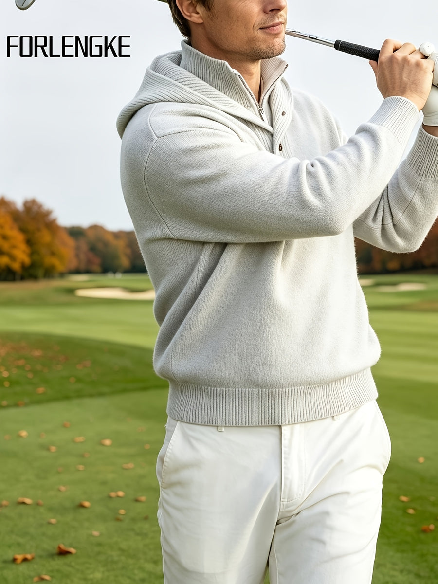 FORLENGKE Men'S Intercity Lightweight Travel Wind Hooded Double Placket Knit Top, Zipper Button-Up Dual Adjustable Style Flexible, Autumn Winter Short Distance Travel Self-Driving Roaming Golf Sports Outdoor Camping Casual Outerwear Top - White Flower Gray