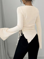 Women's High Neck Flared Sleeve Asymmetrical Hem Drawstring T-shirt, Autumn/Winter Style, Early Spring Fashion Top - Khaki