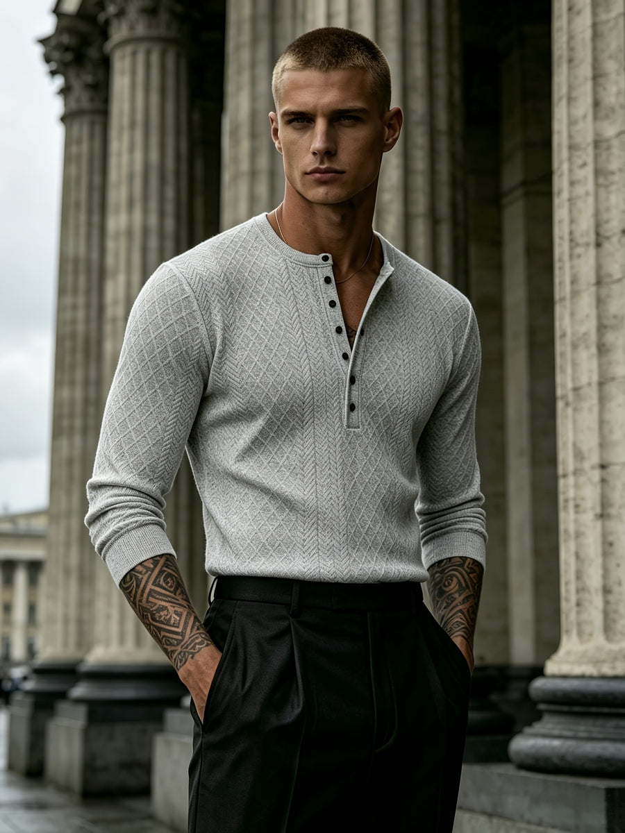 Joshmei OBM Black Friday Men's Dark Gray Geometric Knit Henley Neck Top, Diamond Weave Jacquard Pattern, Refined Casual Style, Autumn/Winter Slim Fit Long Sleeve Pullover, Suitable for Daily Commuting, Streetwear, and Weekend Gatherings - Light Grey