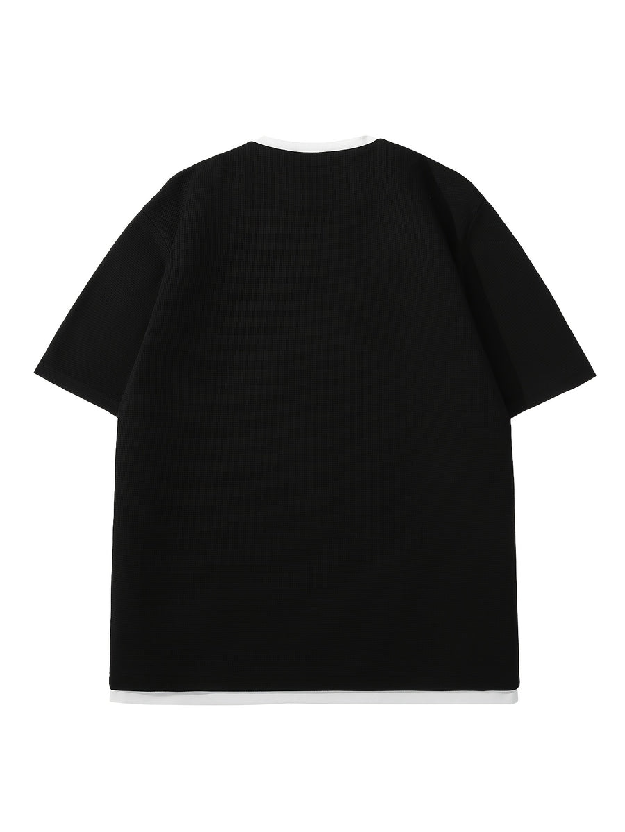 Men's 2-in-1 Look Waffle Short-Sleeve T-Shirt, Fashionable, Versatile, Breathable, Lightweight Summer Top, Casual Daily Wear, Gift for Men - Black