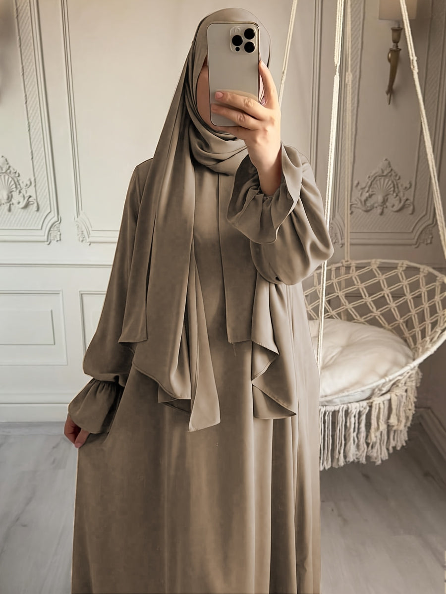 1pc Fashionable, Elegant and Casual One-piece Solid-colored Bellows Sleeve Suitable for Daily Wear. Loose and Comfortable Women's Abaya Robe.abayas for Women Muslim Kleider Damen Abaya for Women Stylish Khimar Ladies Abaya - Khaki