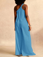 Summer New Casual All-Match Multi-Functional Vacation Travel Beach Sunbathing Sleeveless Textured Jumpsuit, Loose Solid Color Elegant Women'S Bodysuit - Blue