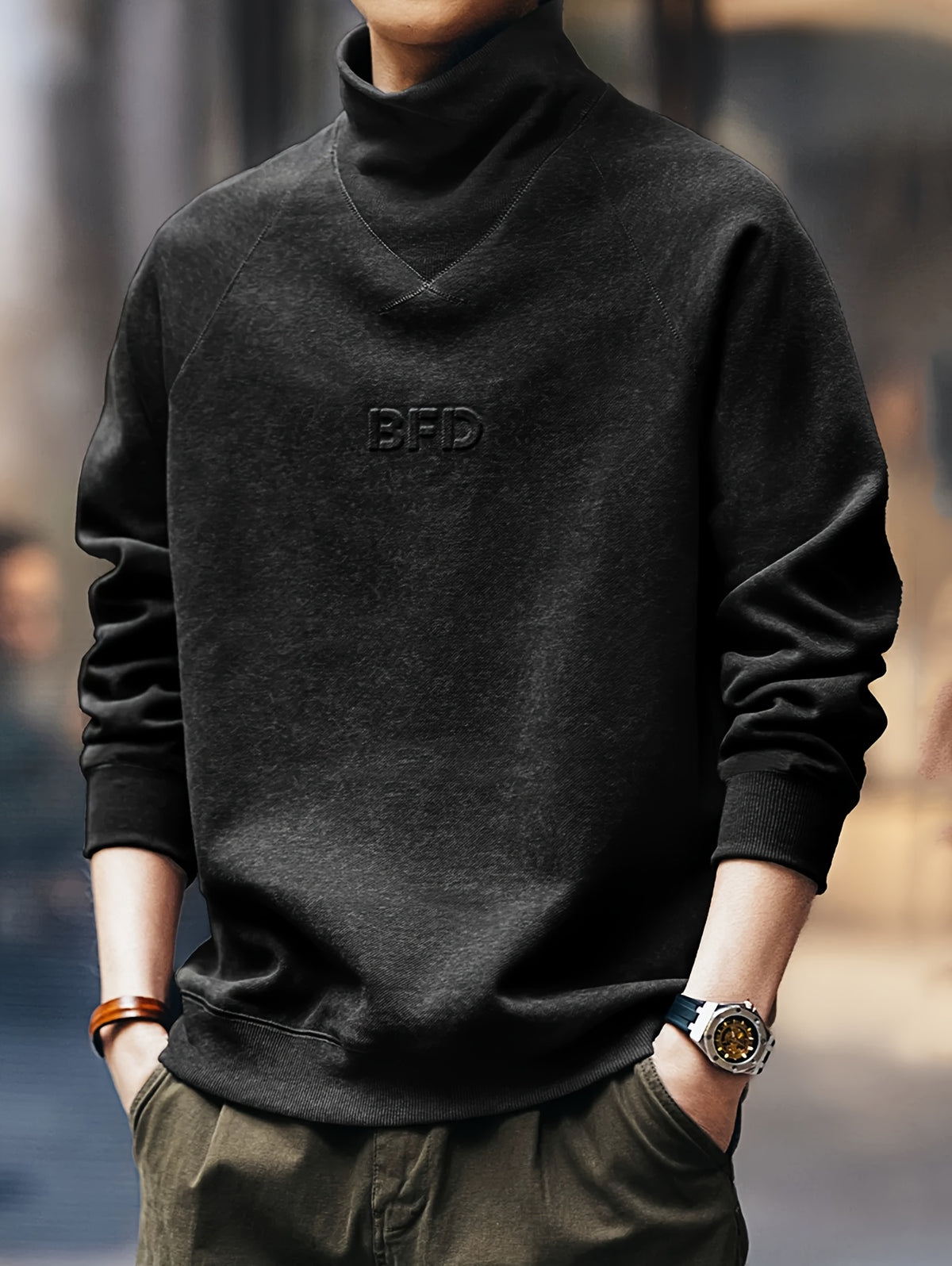 Men'S Hoodie Premium American Retro Half-High Neck Autumn Winter Trendy Brand Letter Embroidery Cool Long Sleeve Top Sleeveless - Black