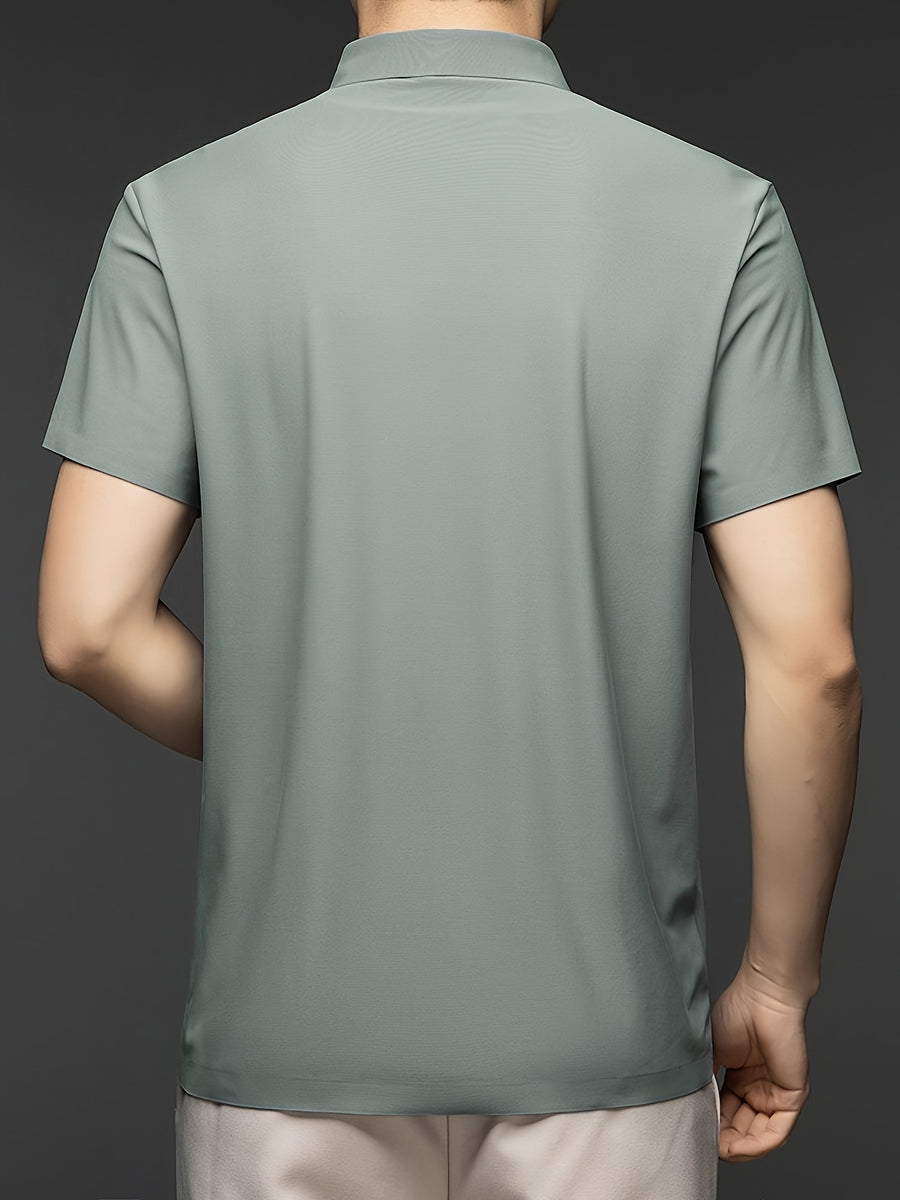 Men's Summer Short-Sleeve Half-Zip Lapel Polo Shirt - Solid Color T-Shirt Suitable for Casual & -Casual Wear, Breathable Half-Zip Collar, Short Sleeve Lapel Collar, Hand Washable Solid Color Polo Tee for Office or Everyday Outfits - Bean Green