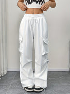American Style Quick-Dry Cargo Pants Women'S Summer New American Parachute Trousers High-Waist Wide-Leg Casual Drawstring Pants - White