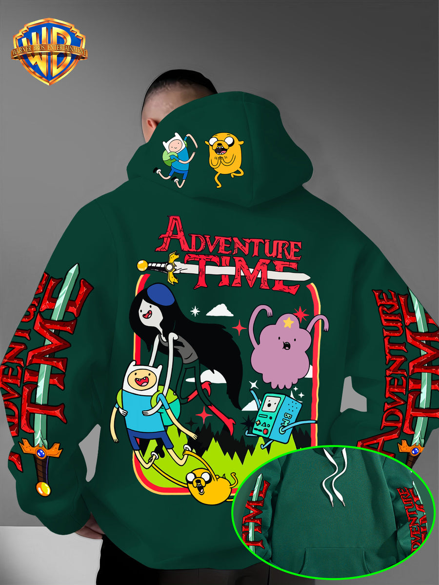 Warner Bros. Adventure Time Large Back Print, Hooded Sweatshirt with Hat Design Pattern, Multifunctional Street Style Men's Hoodie, Comfortable and Casual, Suitable for Autumn and Winter Wear - Green