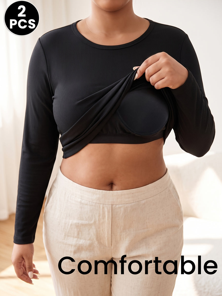 2pcs Women's Long-Sleeve Shaping Top with Built-in Padded Cups, High-Elasticity Fixed Cup S Base Layer, Home Four-Season Inner/Outer Wear T-Shirt - Black+Apricot