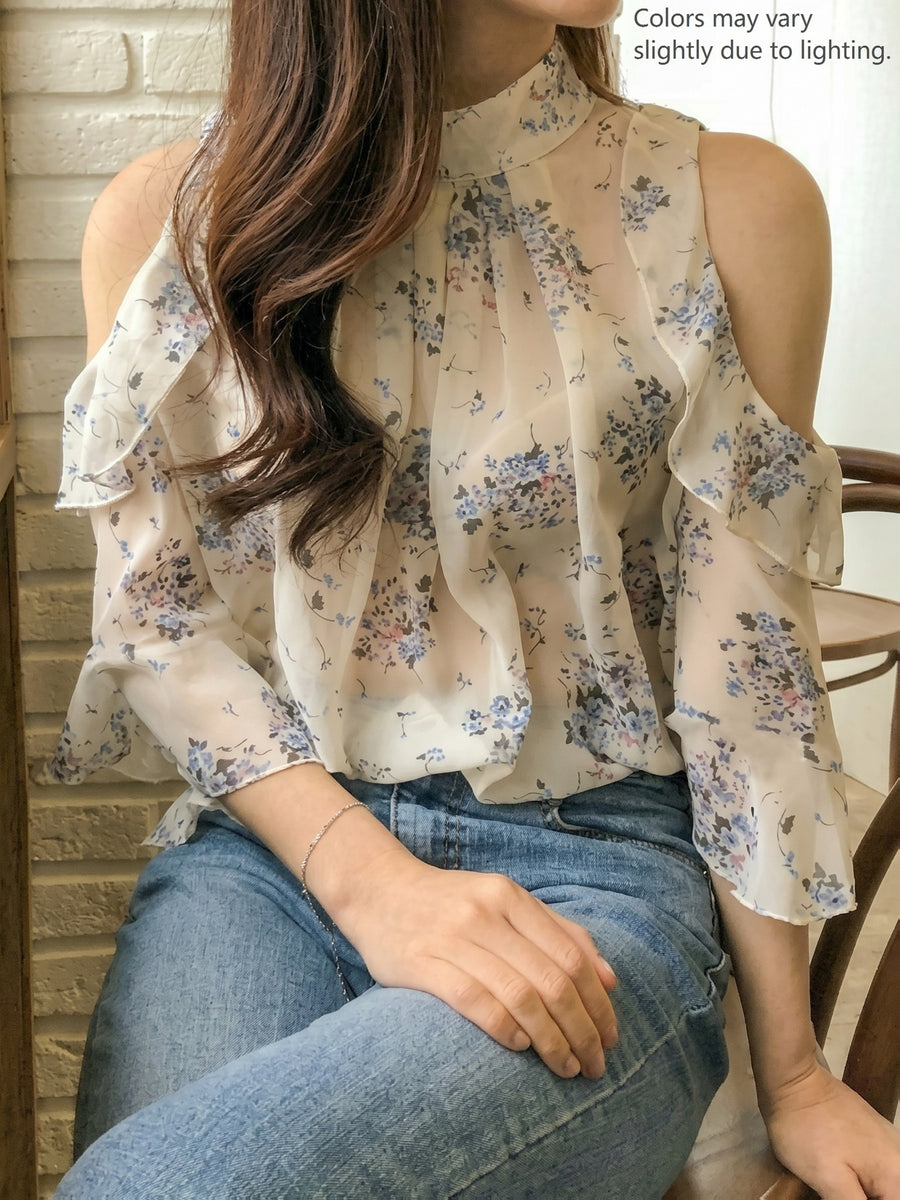 Spring Summer New Women'S Fashion Floral Fresh Style Off-Shoulder Long Sleeve Top - White