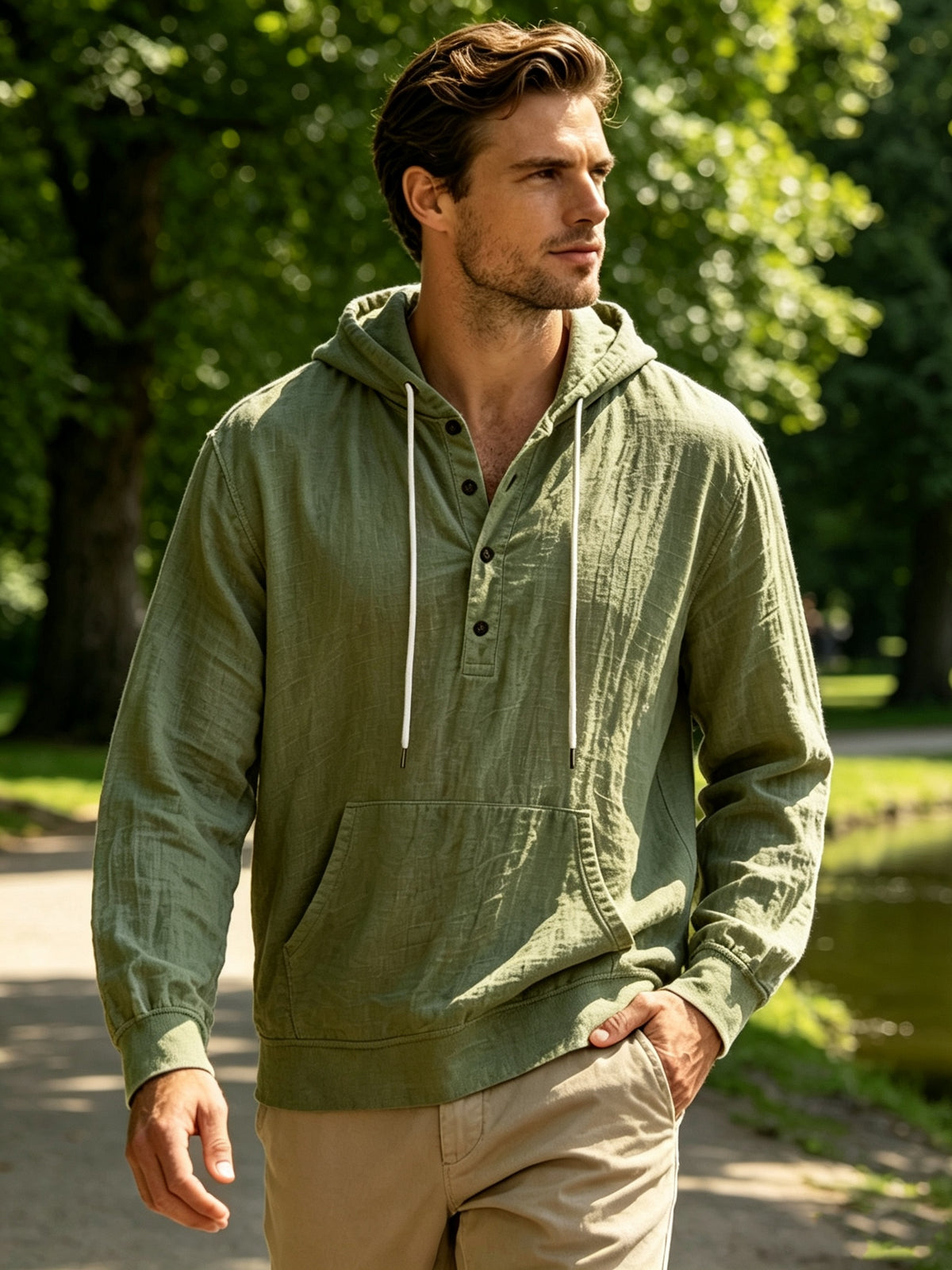 Spring And Autumn Men'S Casual Hooded Shirt, Long Sleeve Shirt, Solid Color Minimalist, Trendy And Versatile, Lightweight And Breathable, Suitable for Beach Vacation, Travel, And Daily Wear - Military Green
