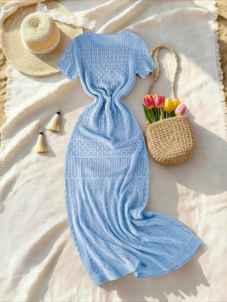 Women's Vacation Beach Bohemian Style Openwork Dress Cover-Up - Blue