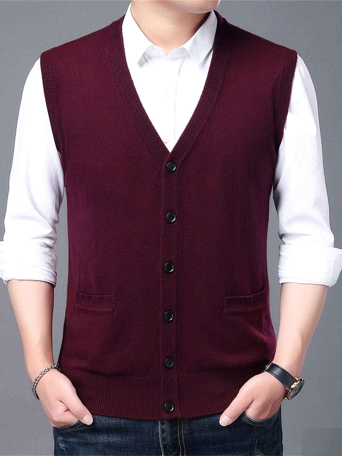 Autumn Winter Men'S Knit Cardigan Vest Men'S Casual Solid Color Pocketed Knit Vest Men'S V-Neck Open Front Sleeveless Sweater - Burgundy