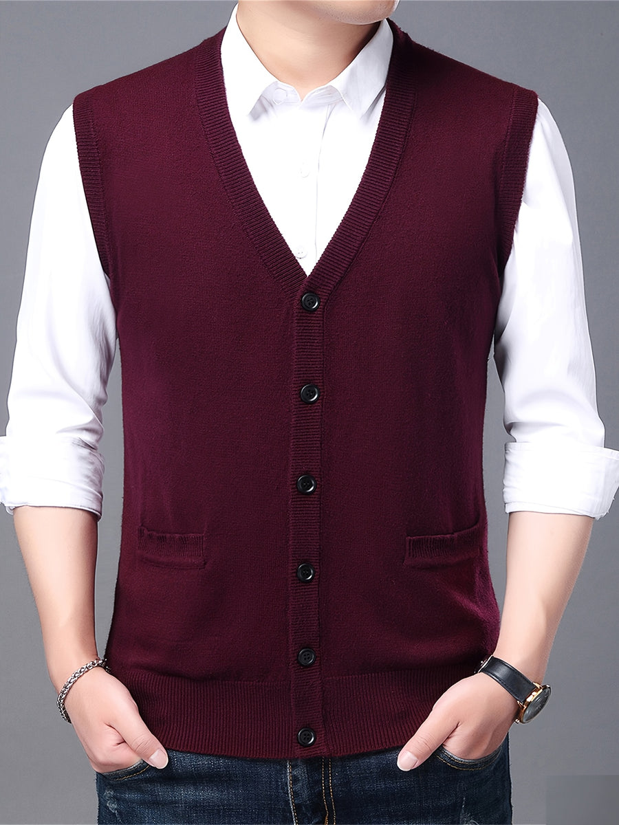 Autumn Winter Men'S Knit Cardigan Vest Men'S Casual Solid Color Pocketed Knit Vest Men'S V-Neck Open Front Sleeveless Sweater - Burgundy