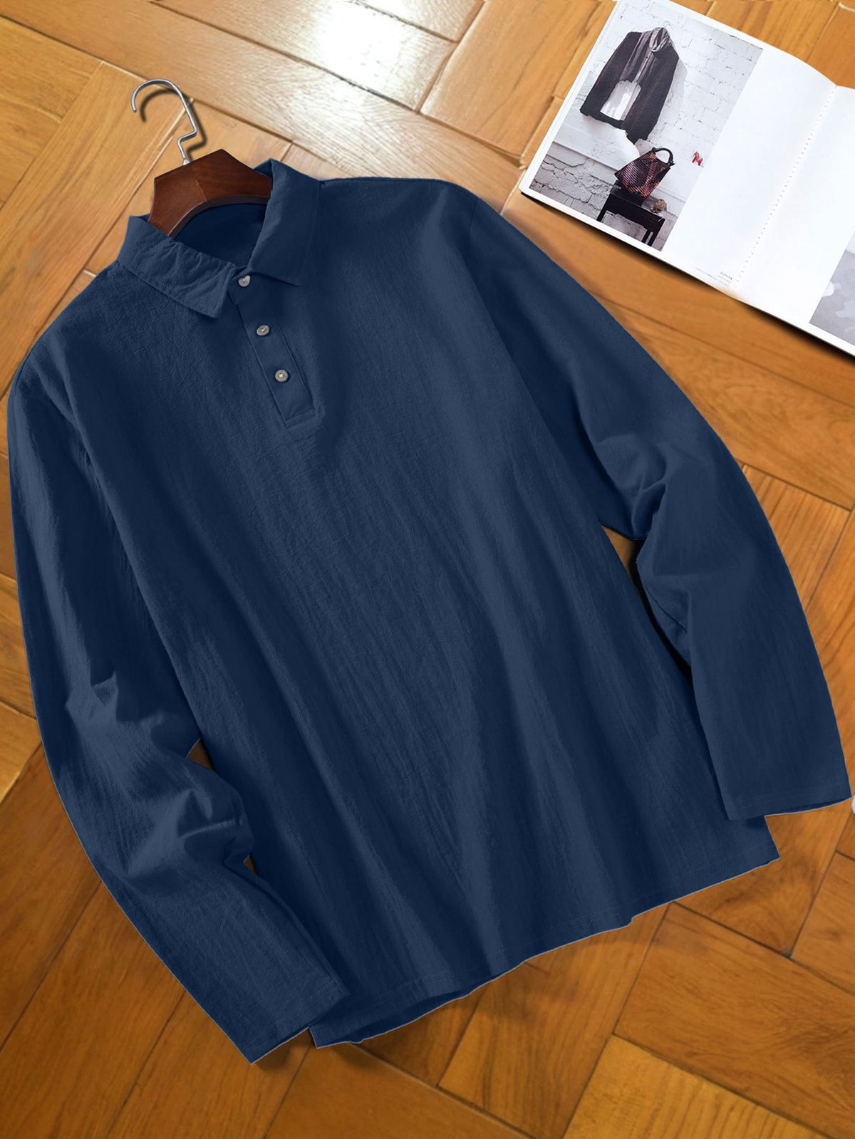 Men's Fashion Long-Sleeve Linen Shirt - Seaside Vacation Casual Top, Button-Up with Half-Open Placket, Lightweight, Loose, and Comfortable, Perfect as a Summer T-Shirt or Gift - Navy Color
