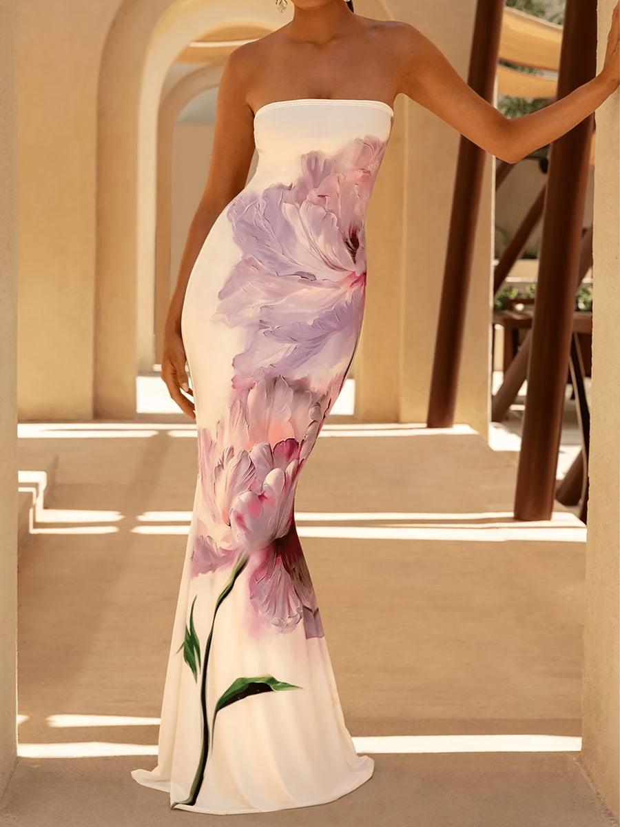 Women'S Elegant Fashion French Floral Print Sleeveless Bandeau Bodycon Butt-Hugging Tailored Evening Vacation Wedding Dress Suitable for New Year Valentine'S Day Party Graduation Gift Wedding Bridesmaid Gown - Mixed colors