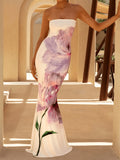Women'S Elegant Fashion French Floral Print Sleeveless Bandeau Bodycon Butt-Hugging Tailored Evening Vacation Wedding Dress Suitable for New Year Valentine'S Day Party Graduation Gift Wedding Bridesmaid Gown - Mixed colors