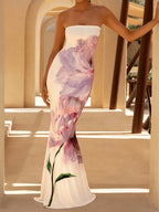 Women'S Elegant Fashion French Floral Print Sleeveless Bandeau Bodycon Butt-Hugging Tailored Evening Vacation Wedding Dress Suitable for New Year Valentine'S Day Party Graduation Gift Wedding Bridesmaid Gown - Mixed colors