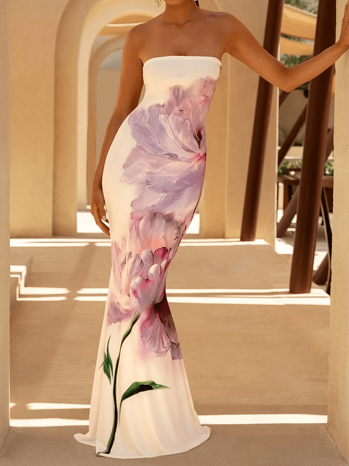 Women'S Elegant Fashion French Floral Print Sleeveless Bandeau Bodycon Butt-Hugging Tailored Evening Vacation Wedding Dress Suitable for New Year Valentine'S Day Party Graduation Gift Wedding Bridesmaid Gown - Mixed colors