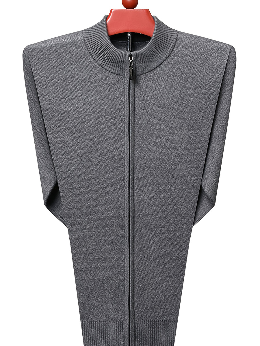 Men's Stand Collar Zipper Solid Color Knit Cardigan, Business Casual Style, Simple Solid Color, Slim Fit Not Tight, Versatile and Practical - Medium Gray