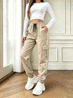 2026 New Striped Drawstring Elastic Waist Sporty Casual Women's Cargo Pants - Apricot