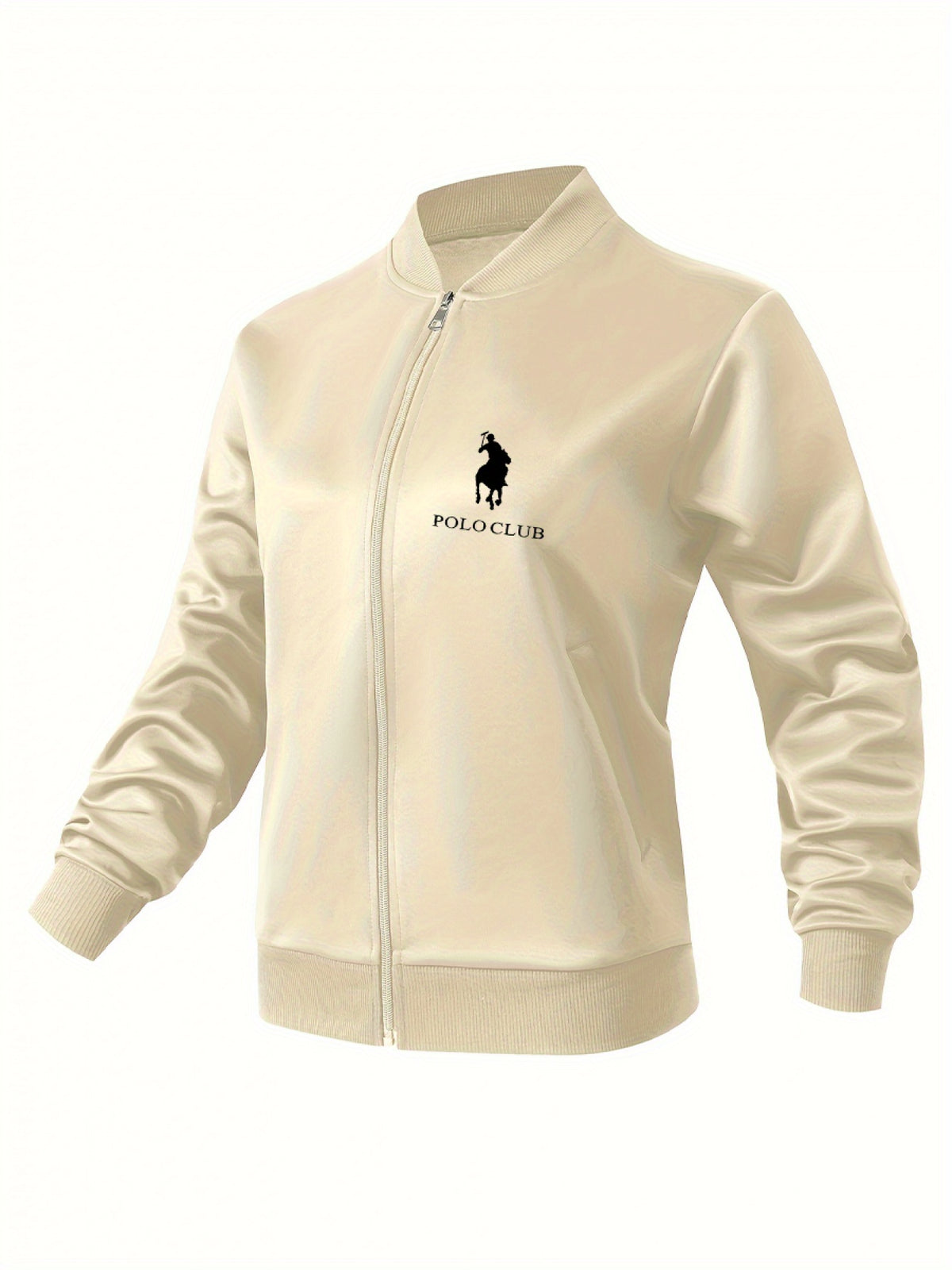 2025 Women's New Casual Sport Jacket, Popular Print Design with Double Print on Front and Back, Baseball Collar, Pockets, Comfortable Breathable Stretch Fabric, Fitted Hem and Cuffs - Apricot