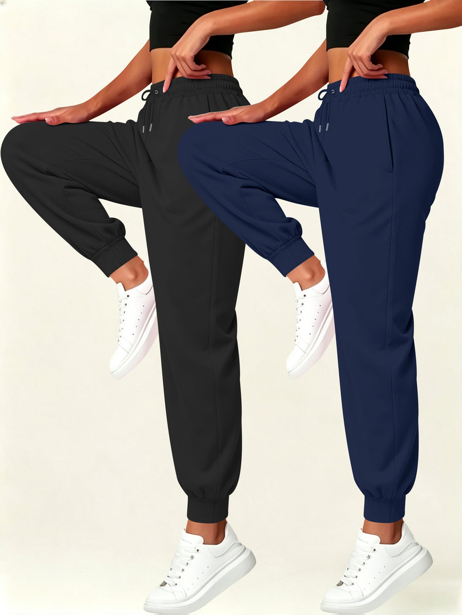 2pcs Set Autumn-Winter Women's Casual Pants with Pockets - Black+Navy Blue