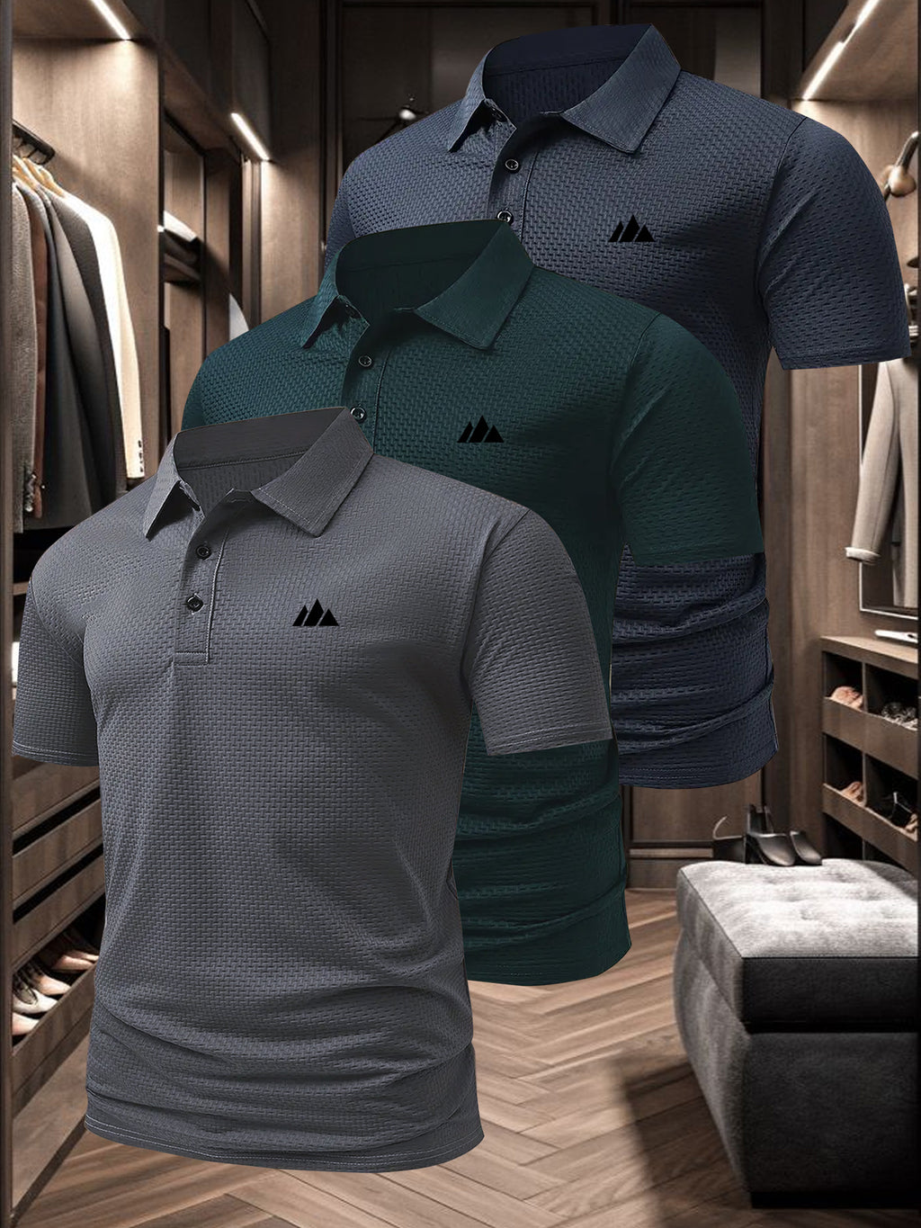 3pcs Pc Men's Quick-Dry Breathable Polo Shirts - Short Sleeve T-Shirts with Collar, Triangle Print & Suitable for Golf, Fishing, Beach, Camping | Multi-pc for Outdoor Activities | Casual Summer Wear, Hand Washable (No Transparency) - Charcoal-Green-Navy