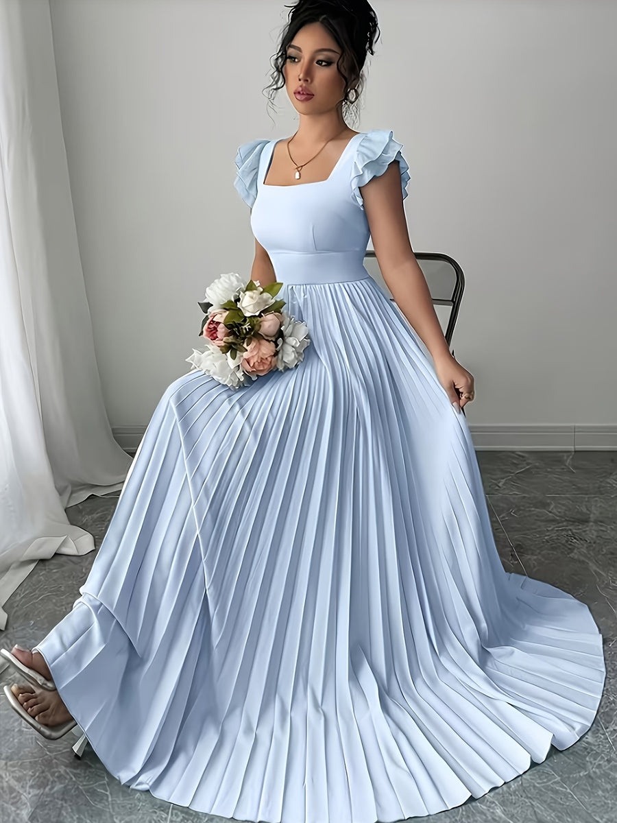 Women'S Elegant Floral Print Pleated Hem Long Dress, Summer - Light Blue