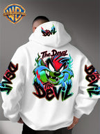 Le Yitong Flame Style Color-Block Graffiti Big Mouth Monster The Devil Print Hoodie, with Sleeve Print Design, Kangaroo Pouch And Drawstring Hood, Suitable for Autumn/Winter Casual Wear And Outdoor Activities - White