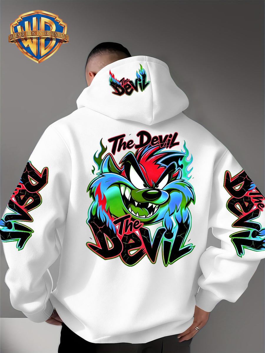 Le Yitong Flame Style Color-Block Graffiti Big Mouth Monster The Devil Print Hoodie, with Sleeve Print Design, Kangaroo Pouch And Drawstring Hood, Suitable for Autumn/Winter Casual Wear And Outdoor Activities - White