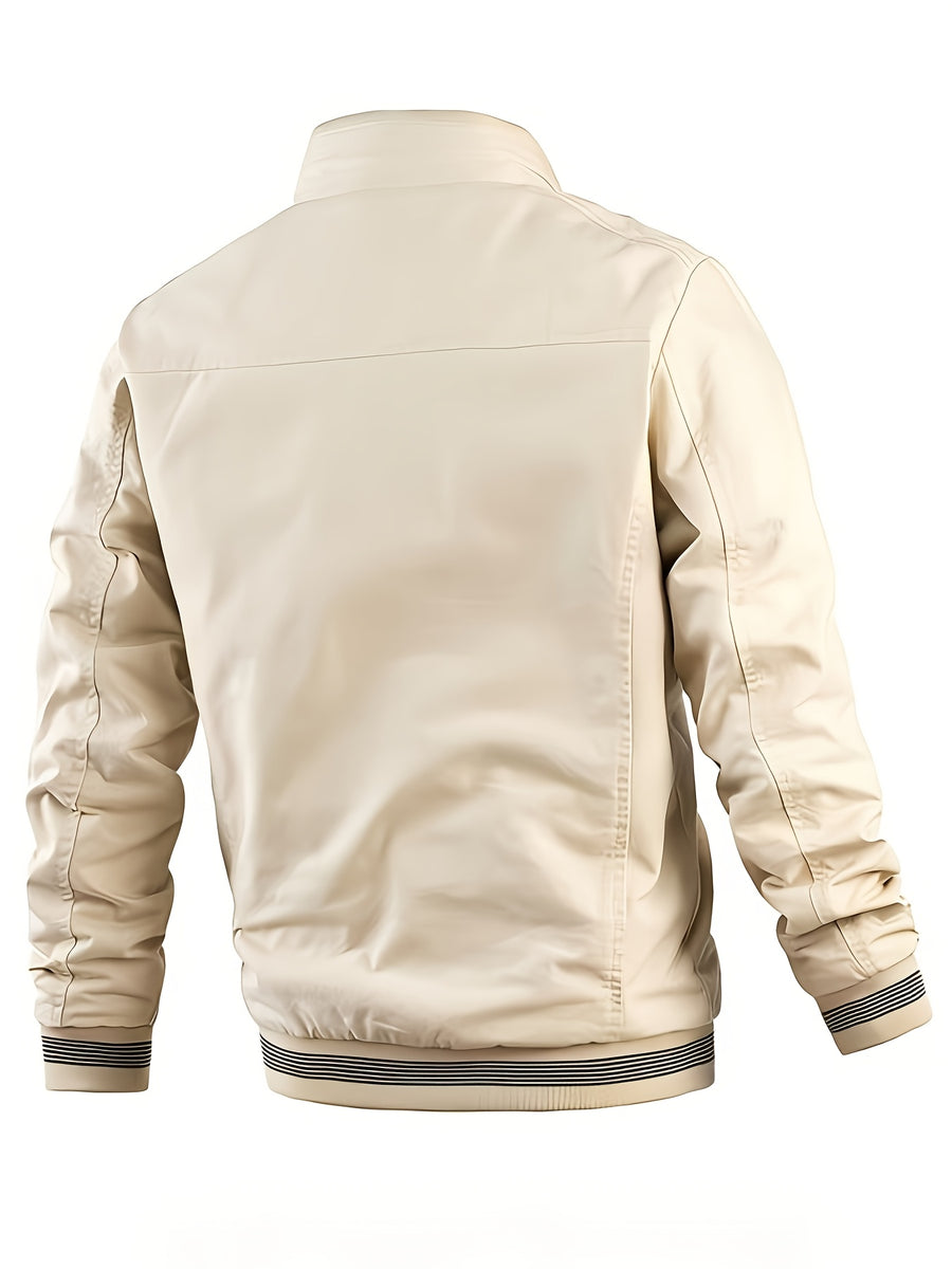 Men's Spring/Autumn Stand Collar Jacket, Casual Zipper Windproof Versatile Outerwear with Classic Cuff and Hem Striped Rib Design, Suitable for Daily Work Scenes - Burgundy