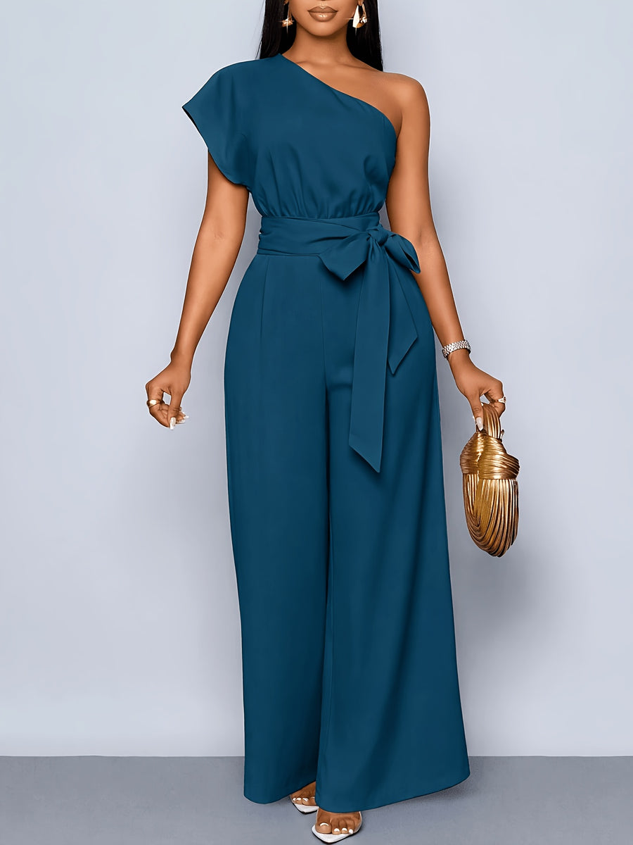 Women'S Summer Commute Fashionable Elegant Daytime Outing Casual Easy Solid Color Asymmetrical One-Shoulder Pleated Wide-Leg Jumpsuit, Suitable for Daily Wear, Dates, Parties, Vacation Outfits, All-Season Clothing, Women'S Office Attire - Malachite Green