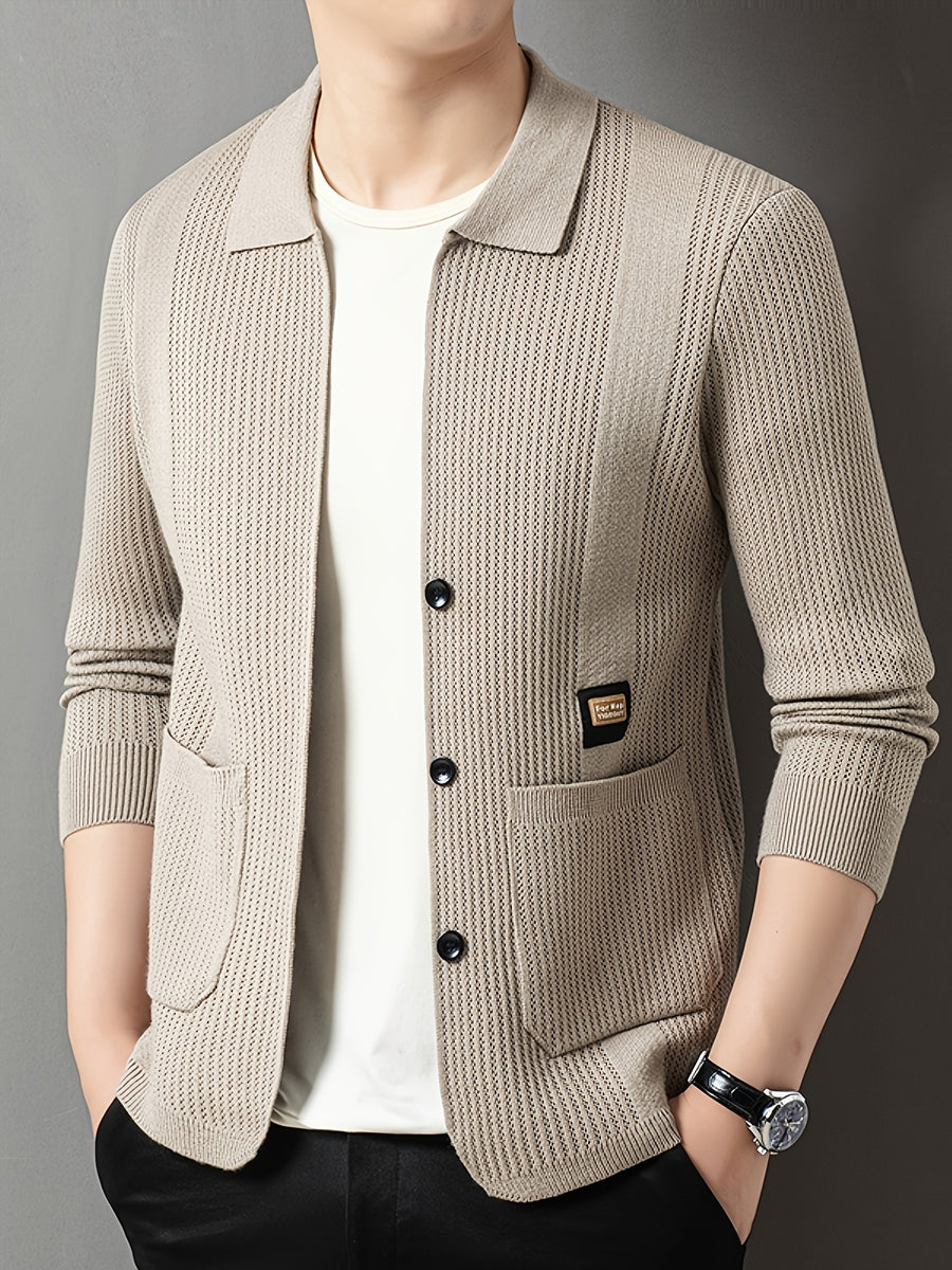 Men'S Spring Autumn Lapel Knit Jacket Cardigan - Khaki