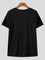 INCERUN Men Square Neck T-Shirt Short Sleeve Basic Tops Holiday Casual Solid Color Tops - Black
