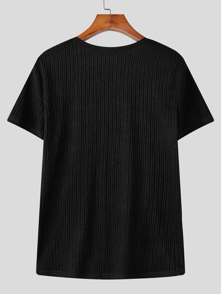 INCERUN Men Square Neck T-Shirt Short Sleeve Basic Tops Holiday Casual Solid Color Tops - Black