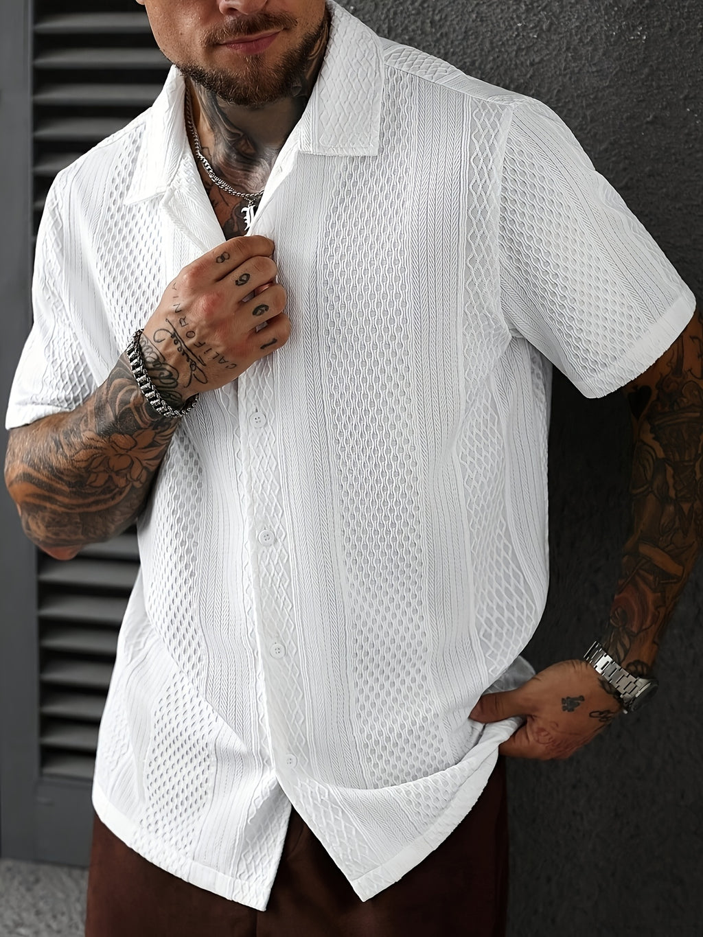 Men'S Solid Color Knitted Short Sleeve Shirt - White