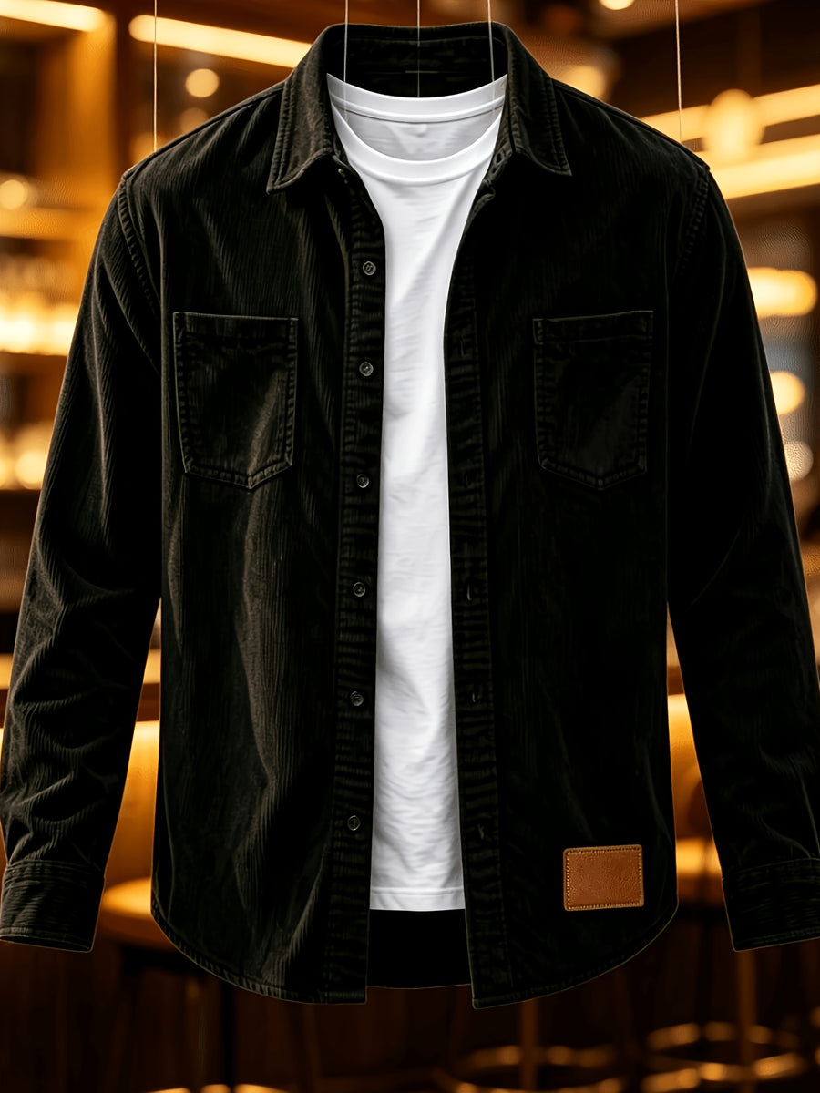 Men'S Fashion Corduroy Solid Color Lapel Shirt, Pocket Embellished Casual Open Front Blouse Men'S Top Shirt - Black