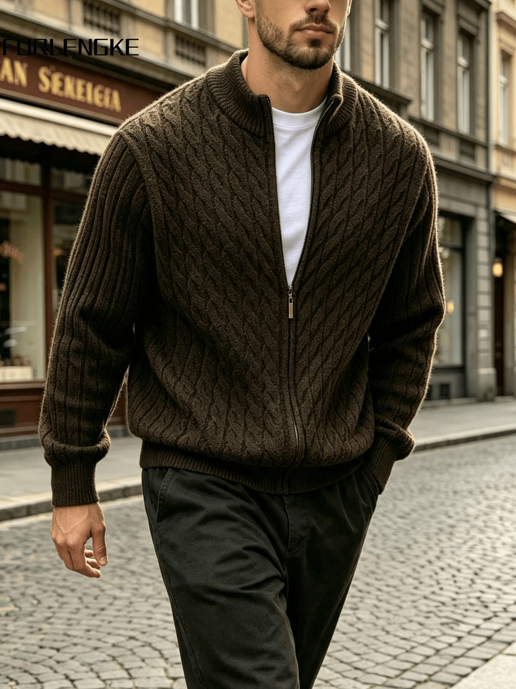 FORLENGKE Autumn/Winter Men's Zipper Cable Knit Cardigan, Three-Dimensional Twisted Floral Texture Knit Outerwear, Solid Color Simple Cuff Long Sleeve Top, Streetwear Commute Daily Casual Wear, Versatile Spring/Autumn Men's Outer Knit Cardigan - Coffee Color