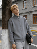 Men'S 950G Heavyweight Stand Collar Zipper Sweater, 58.1% Polyester 26% Acrylic 15.9% Nylon Pinstripe Thickened Knit Jacket, 2026 New Knit Jacket, Office, Commute, Streetwear Fall Winter Casual Wear - Grey