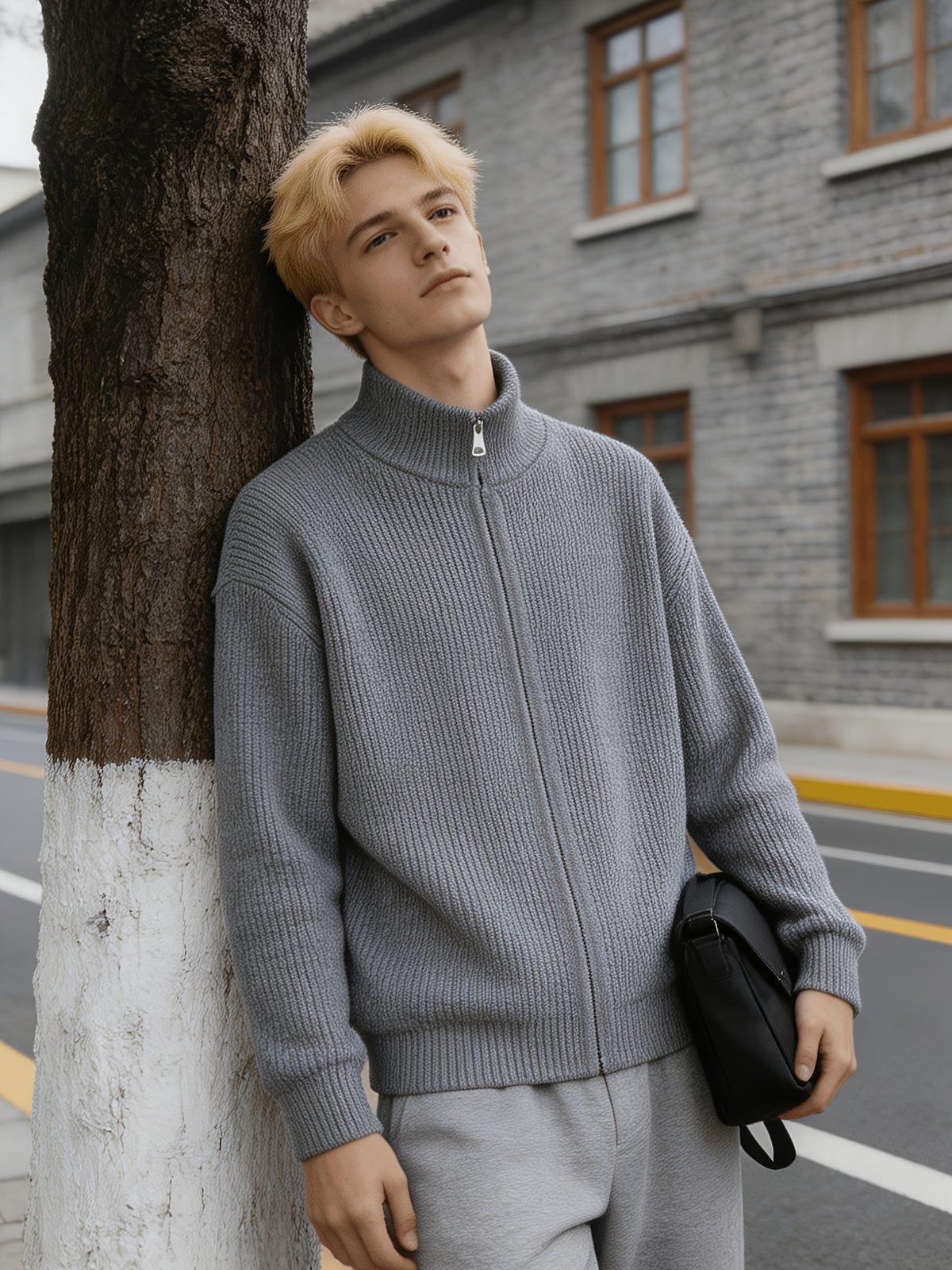 Men'S 950G Heavyweight Stand Collar Zipper Sweater, 58.1% Polyester 26% Acrylic 15.9% Nylon Pinstripe Thickened Knit Jacket, 2026 New Knit Jacket, Office, Commute, Streetwear Fall Winter Casual Wear - Grey