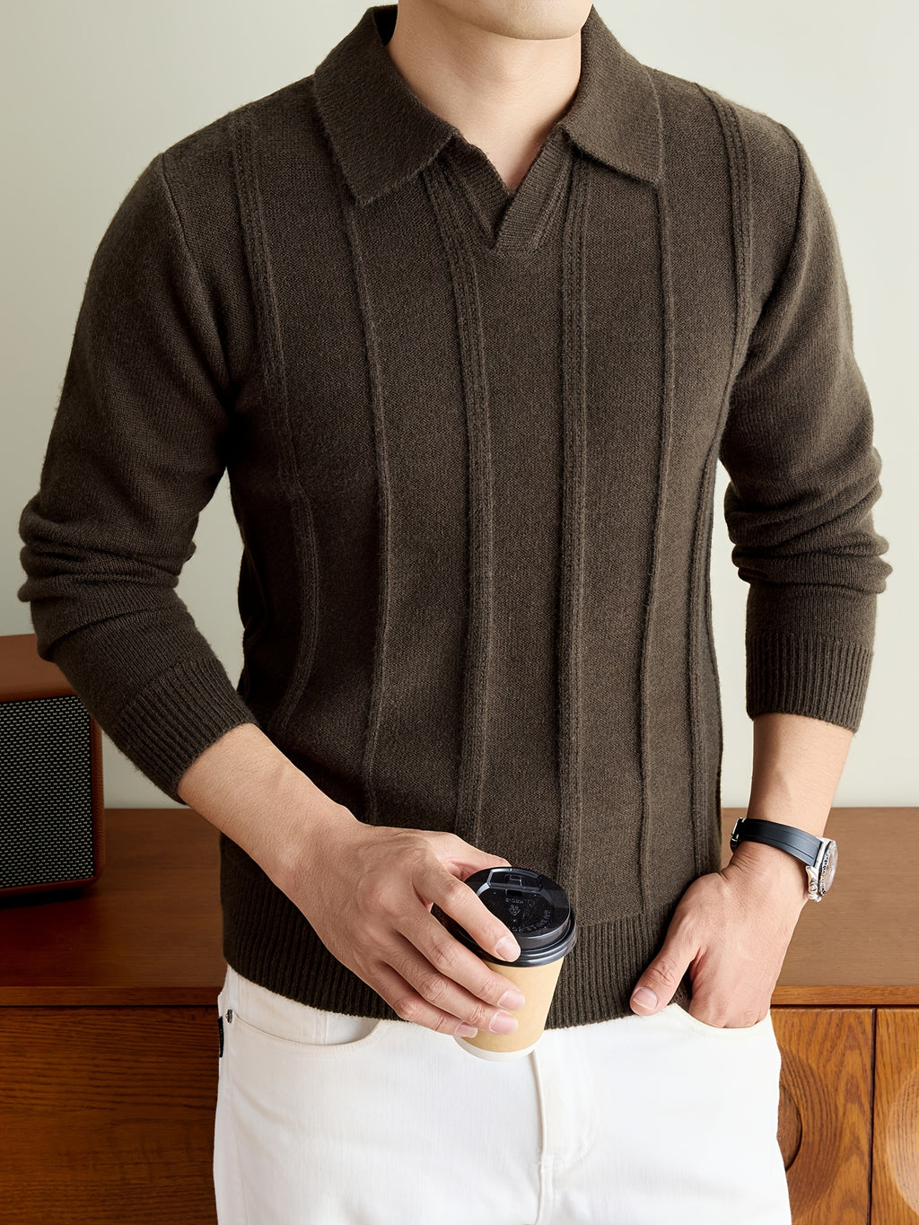 Men's Fall Winter V-Neck Buttonless Collar Knit Polo Sweater, Vertical Ribbed Long Sleeve Pullover with Ribbed Trim, Casual Top - Dark Brown