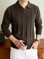 Men's Fall Winter V-Neck Buttonless Collar Knit Polo Sweater, Vertical Ribbed Long Sleeve Pullover with Ribbed Trim, Casual Top - Dark Brown